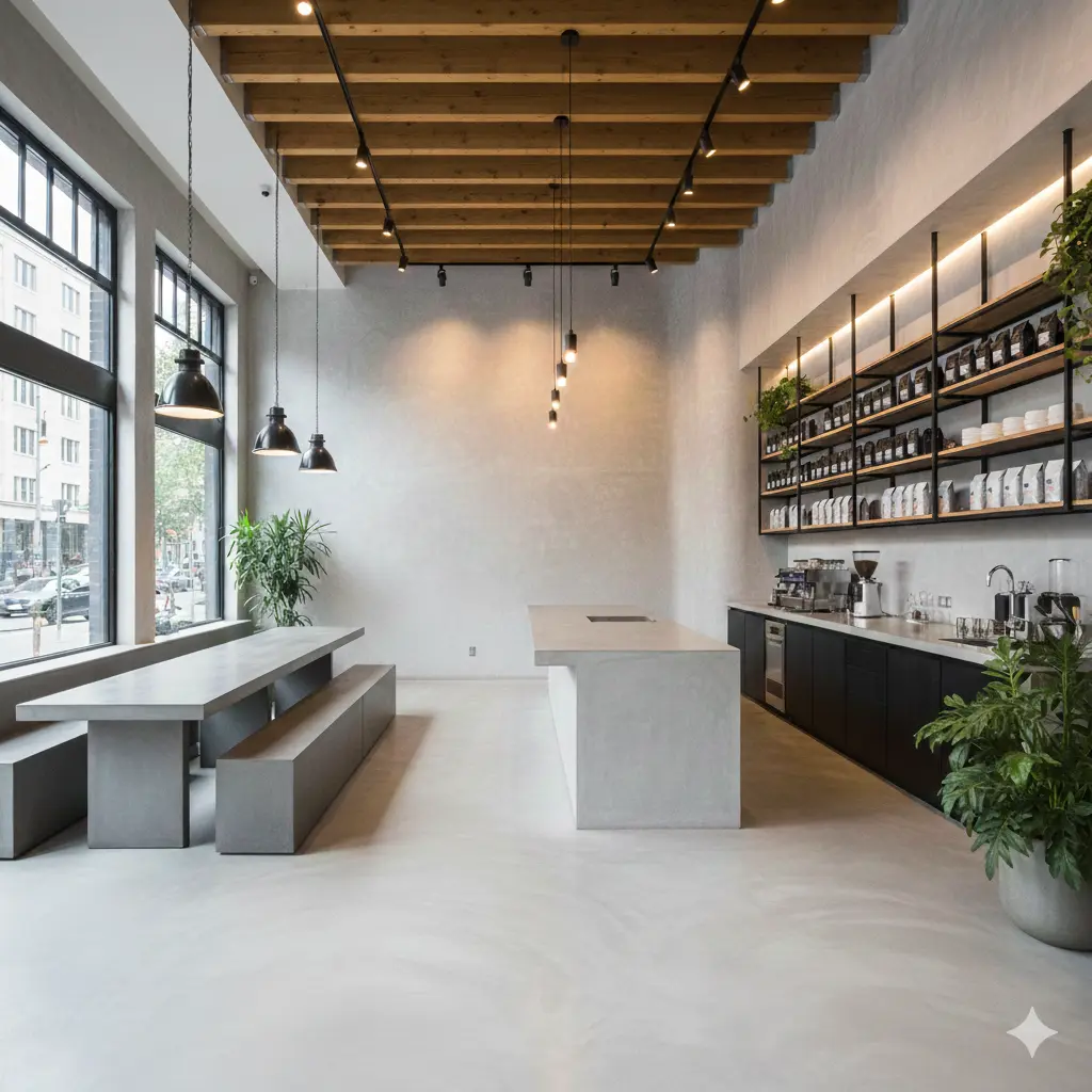 Spacious coffee shop interior featuring seamless gray microcement flooring and matching concrete-style counters.