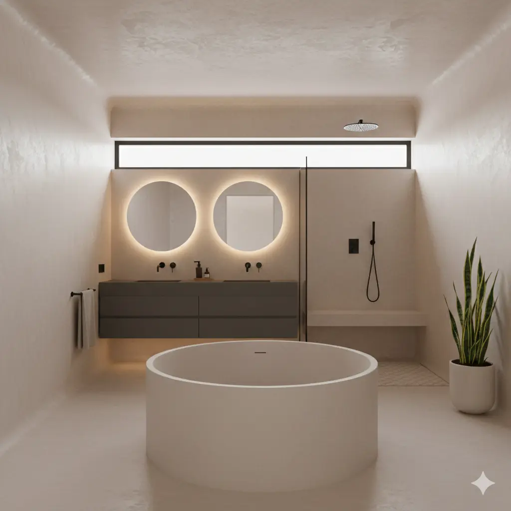 Modern minimalist bathroom with beige microcement walls, round backlit mirrors, and a circular soaking tub.