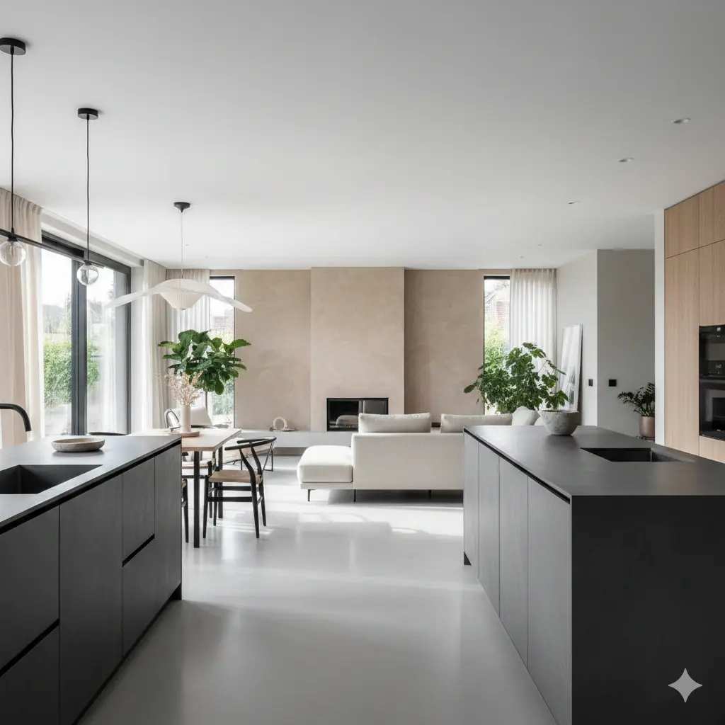 Open-plan luxury kitchen and living area with smooth light gray microcement floors and dark modern cabinetry.